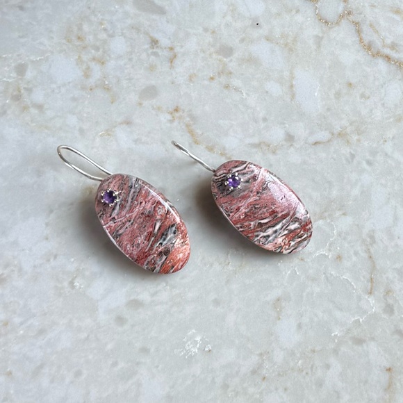 NWOT Sundance Sunset Strata Earrings Leopard Skin Jasper Amethyst Sterling